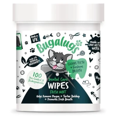 Image of BUGALUGS Cat Breath Freshener Teeth Wipes Plaque remover &amp; tartar for teeth. Cleaning Product No Toothbrush And Paste Brushing Needed (Cat 100 Wipes)