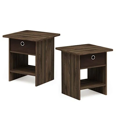 Image of Furinno Dario End Table/ Night Stand Storage Shelf with Bin Drawer, Columbia Walnut/Dark Brown, Set of 2