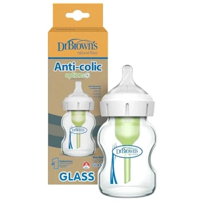 Image of Dr. Brown&#039;s Natural Flow Options+ Anti Colic Glass Baby Bottle, Wide Neck, 5 oz/150 ml