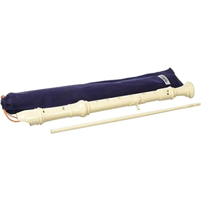 Image of Aulos C soprano recorder Elite 303B, flute (baroque fingering, complete with bag, wiper stick and fingering chart) made of synthetic resin, curved windway, ivory coloured