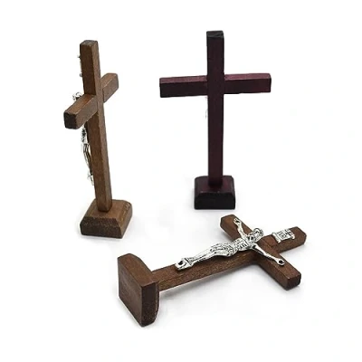 Image of BIGULA 1Pc Table Wood Catholic Cross With Stand Religious Christian Standing Crucifix Church Home Shelf Tabletop Decoration