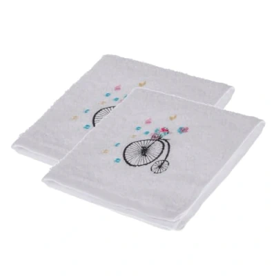 Image of HOMESCAPES Pack of 2 100% Turkish Cotton &#039;Vintage Bike&#039; White Face Cloths Flannel Black Silhouette Bike and Flowers