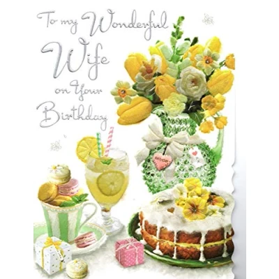 Image of Large Wife Birthday Card (JJ V130) Lemon Cake Velvet Range Embossed, Foil and Flitter Finish