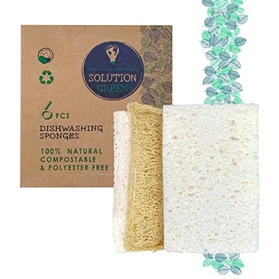 Image of Solution Green Compostable Loofah Dish Sponges x6 No Polyester &amp; Plastic Free Zero Waste Biodegradable Natural Cellulose Fibre Cleaning Eco Friendly Scourers