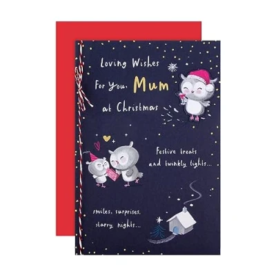 Image of Hallmark Christmas Card for Mum Cute Illustrated Owls Design