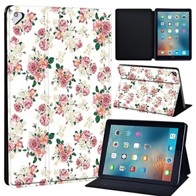 Image of Initial Letter Leather slim lightweight Stand Cover Case for Apple New iPad 9.7 2018 2017(6th Gen, 5th Gen)/iPad Air 2/iPad Air/iPad Pro Tablet with Auto Wake/Sleep (vintage pink flower)