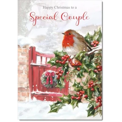 Image of doodlecards Special Couple Christmas Card Robin on Holly Tree Medium Size for with Plain Envelope