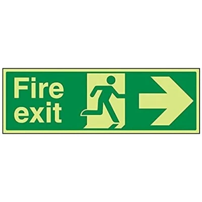Image of V Safety Glow in the Dark Fire Exit Arrow Right Sign 450 mm x 150 Rigid Plastic
