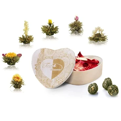 Image of Creano Blooming Tea Gift Set in Heart Shaped Wooden Box with Engraving 6pcs Flowering Withe