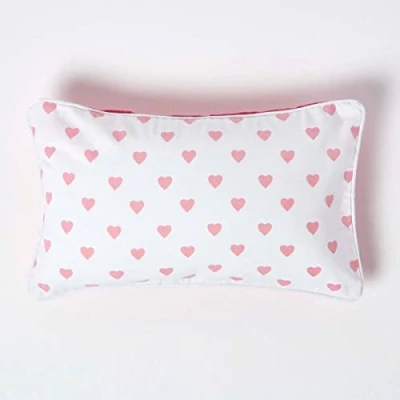 Image of HOMESCAPES 100% Cotton Love Hearts Cushion Cover 30 x 50 cm Rectangular 12 20 Inches Pink White Sofa Pillow Washable