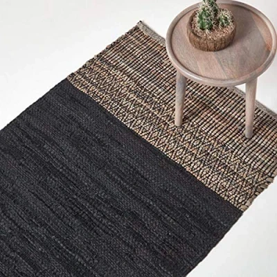 Image of HOMESCAPES Black Genuine Leather Rug Handwoven Herringbone Design Recycled Eco Friendly Real Rug, 120 x 180 cm