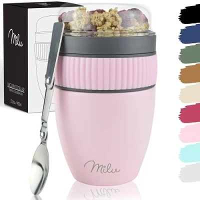 Image of Milu Cereal Cup to go 400ml I Insulated Yoghurt for muesli Leak Proof with Spoon Yoghurt/Porridge (Rose Gold)