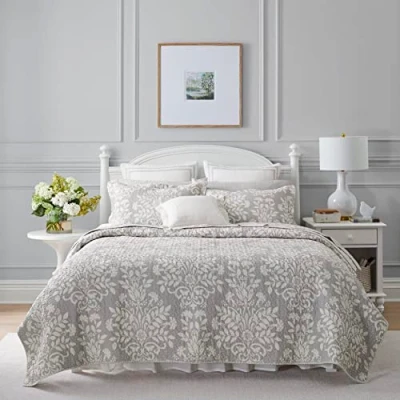 Image of Laura Ashley Rowland Collection 100% Cotton, Reversible, All Season Bedding with Matching Sham, Pre Washed for Added Comfort, King, Gray