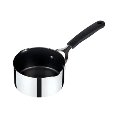 Image of Prestige Made To Last Stainless Steel Milk Pan with Pouring Lip 14cm Non Stick Induction Hob Suitable Easy Grip Silicone Handles, Dishwasher Safe Cookware, Silver