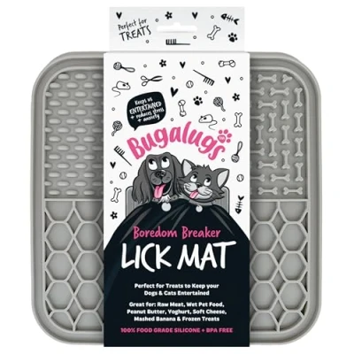 Image of Bugalugs Boredom Breaker Lick Mat, 100% Food Grade Silicone Dog BPA Free, Dogs, Cats, Feeding &amp; Licking Treat Pet Mats, Reduce Stress Anxiety, Slow Feeder, Microwave (Grey)