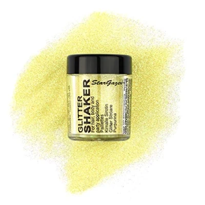 Image of Stargazer Pastel glitter Shaker, Yellow. Cosmetic powder for use on the eyes, lips, face, body, hair and nails.