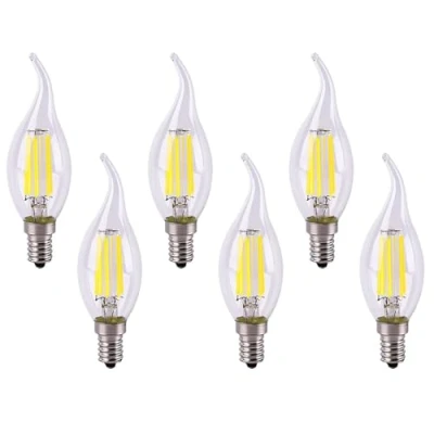 Image of Huamu 6W Dimmable LED Filament Candle Light Bulb, 6500K Cold White 600LM, E14 Candelabra Base Lamp, C35 Shape,Flame Shape,60W Incandescent Replacement,6 Pack
