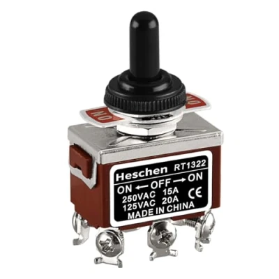 Image of Heschen Metal Toggle Switch, RT1322, DPDT, maintained, ON/OFF/ON 3 Position, 15A 250VAC, with Waterproof Cover, CE