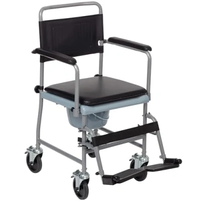 Image of Mobile Wheeled Commode Chair with Padded seat, Brakes and footrests