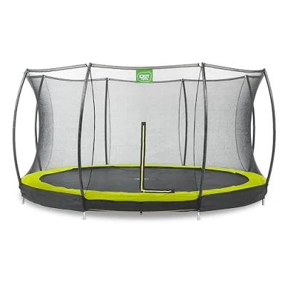 Image of EXIT Toys Silhouette Ground Trampoline 14ft Big Round Outdoor Inground for Kids Includes Safety Enclosure Net and Feet System Safe Entry Great Jumping Power Green