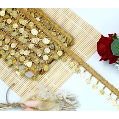 Image of Feathers Creation 2 X Yard Gold Metal Coin Fringe Bridal Saree Tassel Sew on Trim Curtain Edge Lace (Style 1)