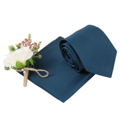 Image of DQT Plain Glossy Satin Polyester Wedding Classic Neck Tie and Pocket Square Set for Men in Navy Blue