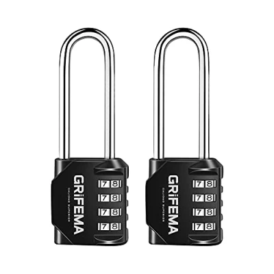 Image of GRIFEMA GA1002 4 Digit Combination Padlock, Long Shackle Padlocks Outdoor Heavy Duty Waterproof Weatherproof for Gym Locker, School, Fence, Garage, Shed, 2 Pack, Black