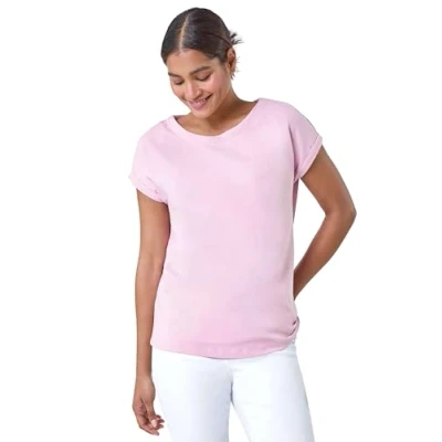 Image of Roman Plain Stretch Cotton Jersey T Shirt for Women UK Ladies Spring Everyday Summer Holiday Round Neckline Comfy Short Sleeve Soft Woven Fabric Tee Daywear Vacation Shirts Light Pink Size 10