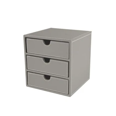 Image of OSCO Grey Faux Leather 3 Drawer Chest Small Item Storage Stackable Lego Container Makeup Jewellery Box Stationery Organiser Not A4 Size H18.2 x W17 D17 cm