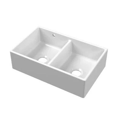 Image of Fireclay Kitchen Double Bowl Butler Sink Stepped Weir &amp; Overflow 795mm x 500mm White
