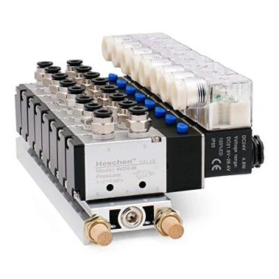Image of Heschen Integrated 8 Space Manifold Solenoid Valve 4V210 08 DC24V G1/4 inch 5 Way 2 Position with Base Muffler Quick Fittings Set