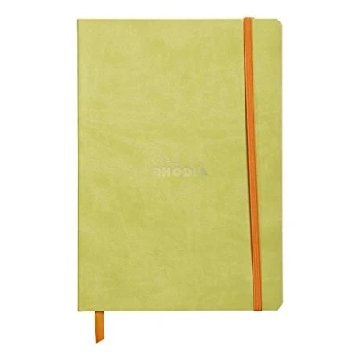 Image of RHODIA 117406C Anise Soft Notebook A5 Lined 160 pages Clairefontaine Ivory Paper 90 g/m Bookmark, Elastic Closure Faux Leather Cover Rhodiarama Collection