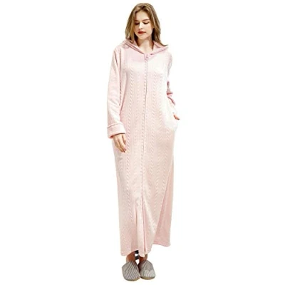Image of Kinloy Womens Fluffy Dressing Gown Hooded Warm Zip Front Bathrobe Lightweight Soft Fleece Full Length Housecoat Comfy Loungewear Pink XL 14 20 UK
