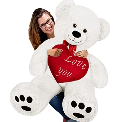 Image of Deuba Large Plush Teddy Bear Perfect for Valentine&#039;s Day, Easter Gift with Red I Love You Text Heart Pillow Adorable Big Cuddly Soft Toy Cute Huge Stuffed Snuggling Animal