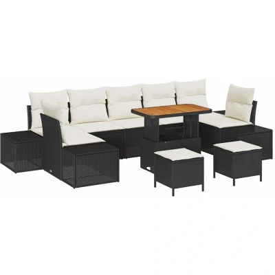 Image of vidaXL 10 Piece Garden Sofa Set with Cushions Black Poly Rattan Acacia