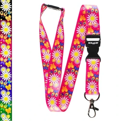 Image of Rolseley Multicolour Lanyard Neck Strap with Floral Daisies Pink Pattern Safety Breakaway (1 Pink)