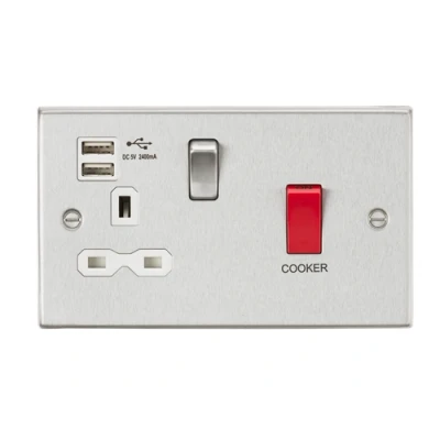 Image of KnightsBridge 45A DP Switch &amp; 13A Switched Socket Dual USB Charger 2.4A Brushed Chrome with white insert