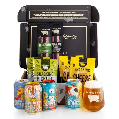 Image of Beavertown and Serious Pig Beer &amp; Snacks Gift Set, 4 Craft Beers with Glassware Gourmet