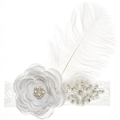 Image of Nishine Baby Girls Rhinestone Flower Lace Headband Elastic Infant Headbands Newborn Hair Bands (White)