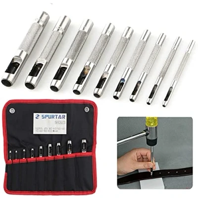 Image of Spurtar 9 Pcs Steel Hollow Punch Set 2.5 10mm Heavy Duty Round Leather Hole Punching Tool for Watch Cloth Belt Gaskets w/Storage Bag