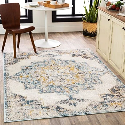 Image of Livabliss Orlando Vintage Rug Area Rugs Living Room 200x274 cm, Dining Floor, Kitchen, Traditional Multicoloured Boho Rug, Easy Care Pile, Bohemian Large Blue, Mustard and Beige