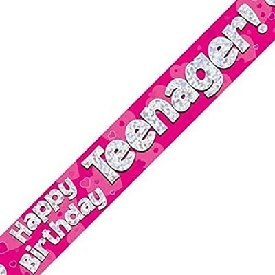 Image of 9ft Banner Happy Birthday Teenager Pink Foil Holographic
