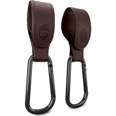 Image of Baby Uma Leather Style Buggy Clips 2 Pack of Universal Pram Clips, Non Slip Accessories, Carry up to 5 kg per Clip, Hooks for Bags, Shopping &amp; Travel Essentials (Dark Brown)