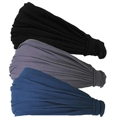 Image of CHARM Black, Dark Grey, Navy 3 Pack Japanese Bandana Headbands for Men and Women Comfortable Head Bands with Elastic Secure Snug Fit Ideal Runners Fitness Sports Football Tennis Lightweight M