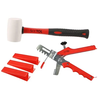 Image of SIXTOL Level System Starter 1 Floor Leveling Tool Kit Tile Levelling Reusable Red Wedges Pliers Rubber Mallet 100pcs Bathroom Kitchen