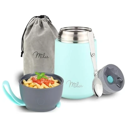 Image of Milu® Thermo Food Flask 300, 440, 450, 650, 800ml Stainless Steel Insulated Container Lunchbox Jar with Spoon for hot and Cold (Mint, 450ml)