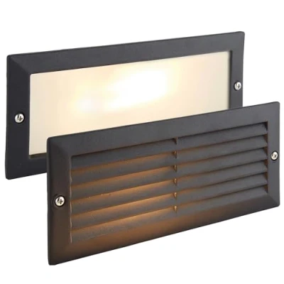 Image of ECO Outdoor Black Aluminium &amp; Frosted Glass Brick Light with Grille and Plain Front Panels IP44 Rated