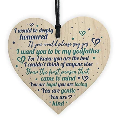 Image of RED OCEAN Godfather Godparents Gifts Handmade Wooden Hanging Heart Sign Plaque Keepsake Thank You Friendship Gift Christening