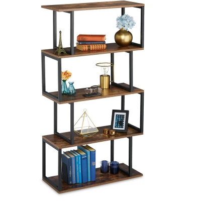 Image of Relaxdays Bookcase, Industrial Design, 5 Open Levels, MDF &amp; Metal, HxWxD: 136 x 73 30 cm, Upright Shelf, Brown/Black
