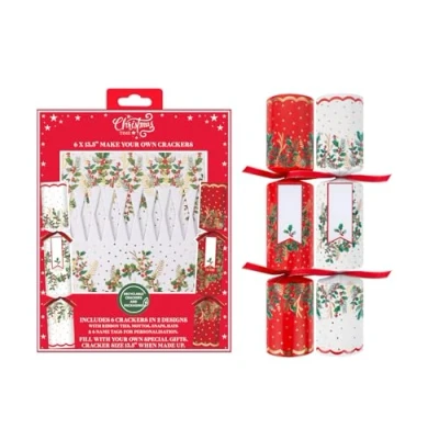 Image of RSW Make Your Own Christmas Crackers with Ties, Mottos, Hats 6 x 13.5 Red/White Merry Holly Design DIY Cracker Set Festive Seasonal Party